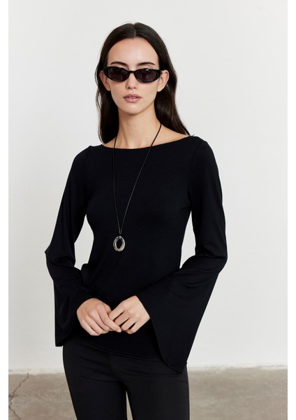 Yarasa Kol Kayık Yaka Bluz Siyah
