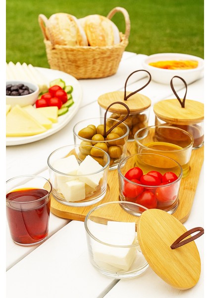 Briora 6 Parça Bambu Kapaklı ve Standlı Cam Kahvaltı Takımı