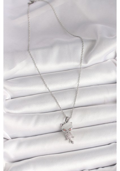 316L Çelik Gümüş Renk Zincir Zirkon Taşlı Kedi Model Kadın Kolye - Lisinya fiyatları