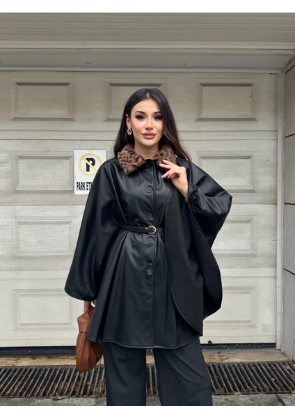Leopar Kürk Yaka Deri Görünümlü Düğmeli Kemerli Abiye Panço Ceket Siyah