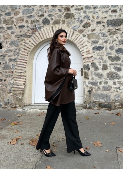 Leopar Kürk Yaka Deri Görünümlü Düğmeli Kemerli Abiye Panço Ceket Siyah fiyatları