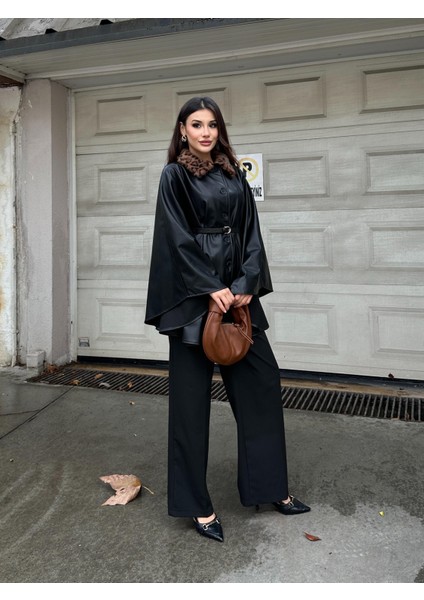 Leopar Kürk Yaka Deri Görünümlü Düğmeli Kemerli Abiye Panço Ceket Siyah modelleri