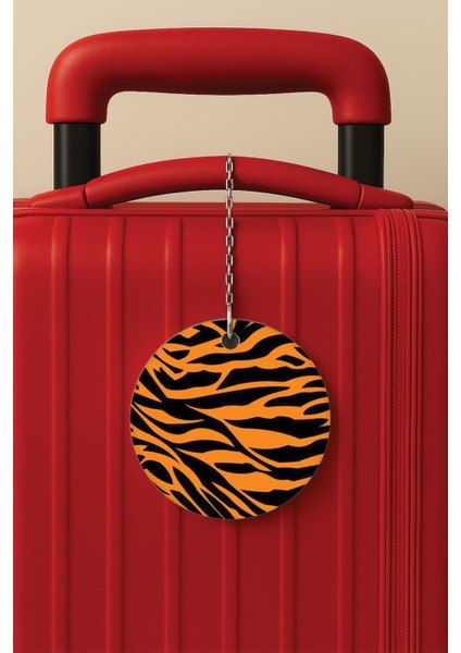 Desenli Baskılı Pleksi Zincir Aparatlı Bavul Etiketi Valiz Etiketi Turuncu Siyah Zebra