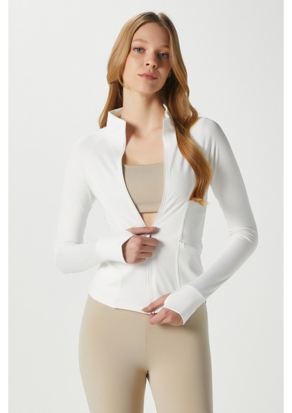 Jogging Vücuda Oturan Cepli Parmak Geçmeli Ekru Spor Ceket / Hırka