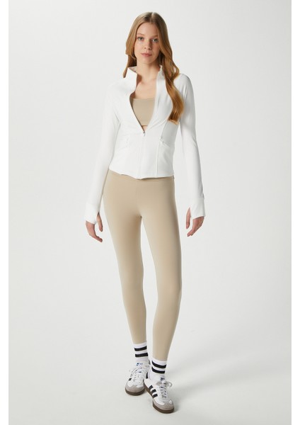 Jogging Vücuda Oturan Cepli Parmak Geçmeli Ekru Spor Ceket / Hırka fiyatları