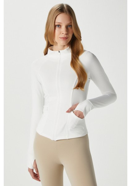 Jogging Vücuda Oturan Cepli Parmak Geçmeli Ekru Spor Ceket / Hırka modelleri