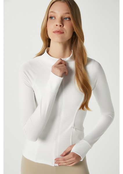 Jogging Vücuda Oturan Cepli Parmak Geçmeli Ekru Spor Ceket / Hırka fırsatları