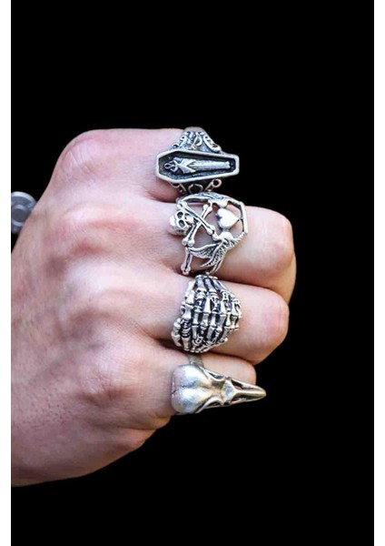 4 Adet 925 Ayar Gümüş Kaplama Ayarlanabilir El Yapımı Erkek Kadın Iskelet Yüzük Seti