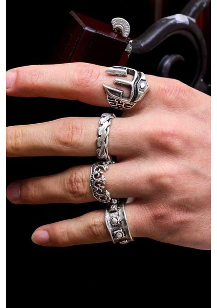 4 Adet 925 Ayar Gümüş Kaplama Ayarlanabilir El Yapımı Erkek Kadın Miğfer Kral Yüzük Seti