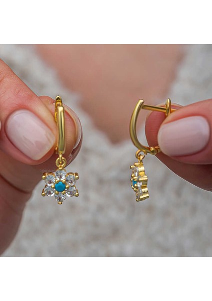 Gümüş Mavi Taşlı Gold Çiçek Kadın Küpe fiyatları