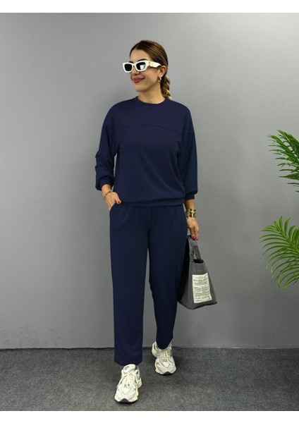 Kadın Uzun Kollu Bisiklet Yaka Viskon Iki Iplik Bluz ve Pantolon Ikili Takım
