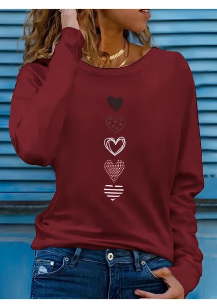 Kadın Uzun Kollu Bisiklet Yaka Desenli Viskon Bluz