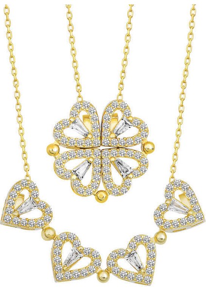 Gümüş Gold Kalpli Açılabilen Yonca Kadın Kolye