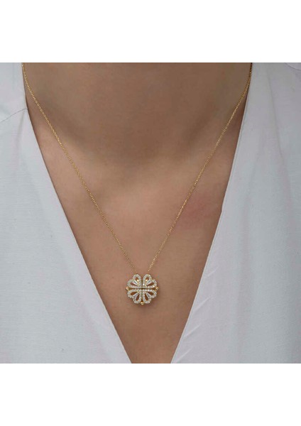 Gümüş Gold Kalpli Açılabilen Yonca Kadın Kolye