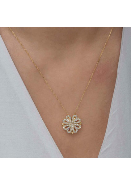 Gümüş Gold Kalpli Açılabilen Yonca Kadın Kolye