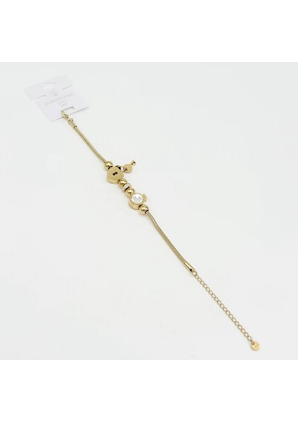 Altın Taşlı Kalpli Charm Çelik Bileklik 14 K