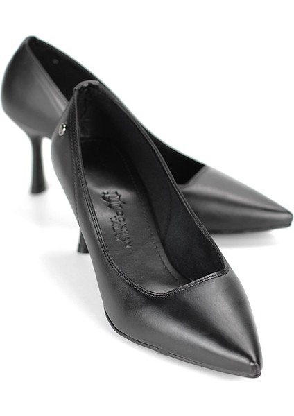 Ayça Esnek Yumuşak Kaymaz Taban (7 Cm) Siyah Cilt Kadın Topuklu Ayakkabı