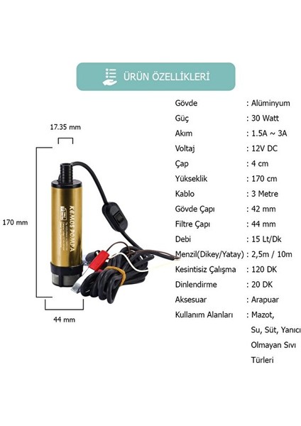 Kızılırmak 12 Volt Alüminyum Dalgıç Tipi Sıvı Aktarma Pompası (Filtre+Arapuar)