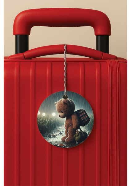 Desenli Baskılı Pleksi Zincir Aparatlı Bavul Etiketi Valiz Etiketi Üzgün Ayı