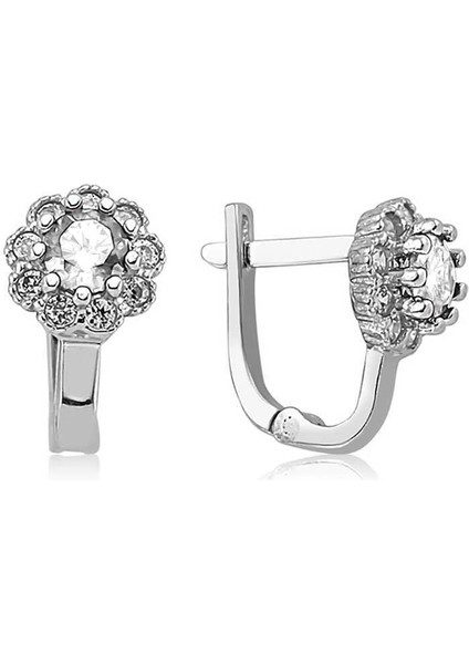 Gümüş Beyaz Çiçek Desenli Yuvarlak J Kadın Küpe