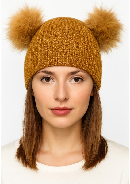 Simli Çift Ponponlu Kadın Örgü Bere Standart