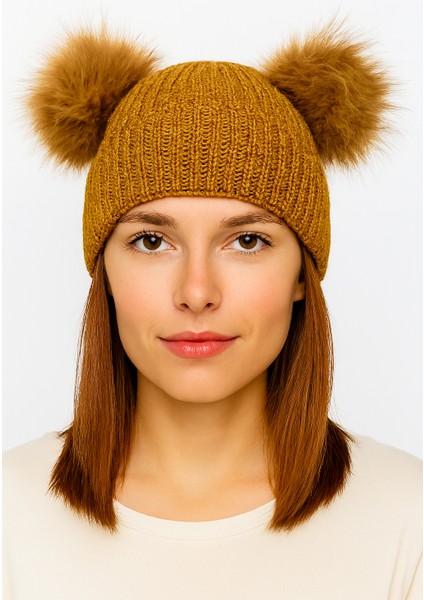 Simli Çift Ponponlu Kadın Örgü Bere Standart modelleri