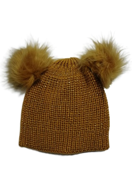 Simli Çift Ponponlu Kadın Örgü Bere Standart indirimleri