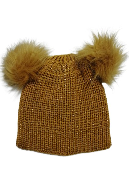 Simli Çift Ponponlu Kadın Örgü Bere Standart