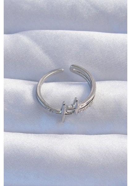 Pirinç Gümüş Renk Zirkon Taşlı 2li Görünüm Ayarlanabilir Yıldız Model Yüzük fiyatları