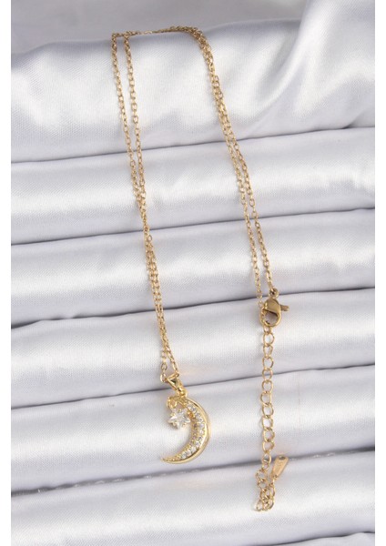 316L Çelik Zincir Altın Renk Zirkon Taşlı Sallantılı Ay Yıldız Kolye fiyatları