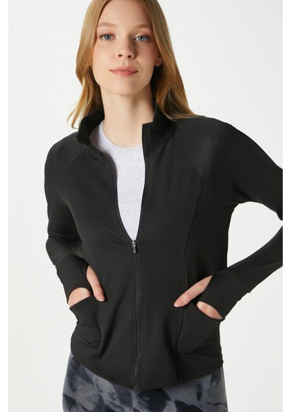 Jogging Vücuda Oturan Cepli Parmak Geçmeli Siyah Spor Ceket / Hırka