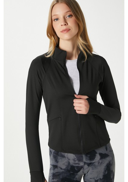 Jogging Vücuda Oturan Cepli Parmak Geçmeli Siyah Spor Ceket / Hırka modelleri