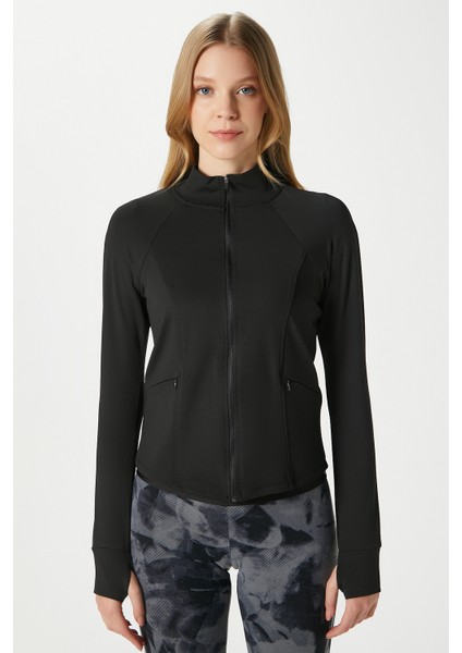 Jogging Vücuda Oturan Cepli Parmak Geçmeli Siyah Spor Ceket / Hırka fırsatları