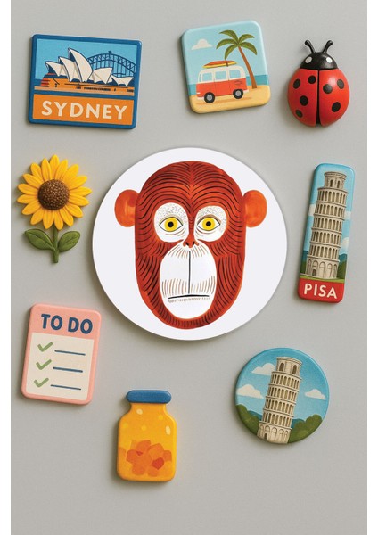 Modern ve Dekoratif Yuvarlak Buzdolabı Magneti Magnet Büyük Boy 10X10 cm - Maymun