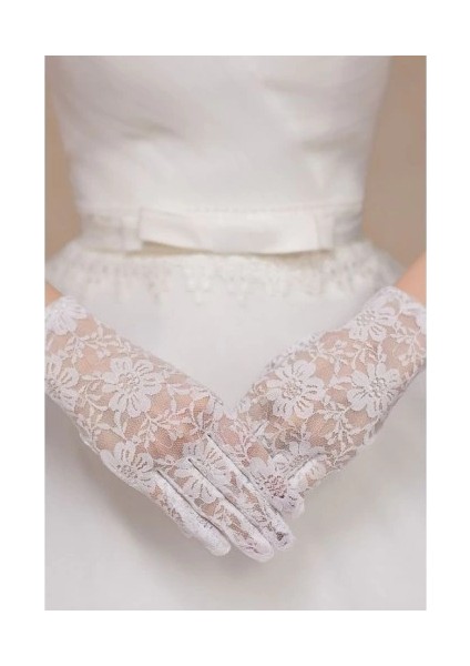 Beyaz Renk Kısa Dantelli Eldiven