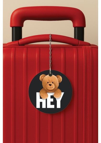 Desenli Baskılı Pleksi Zincir Aparatlı Bavul Etiketi Valiz Etiketi Hey Hey Bear