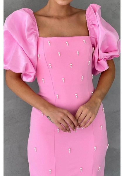 Pembe Işlemeli Kolu Garnili Elbise modelleri