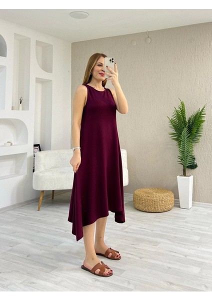 Kadın Askılı Yuvarlak Yakalı Asimetrik Kesim Detaylı Viskon Elbise modelleri