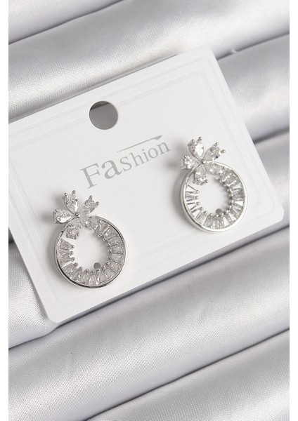 Bfs Pirinç Gümüş Renk Zirkon Taşlı Halka Model Çiçek Figür Kadın Küpe