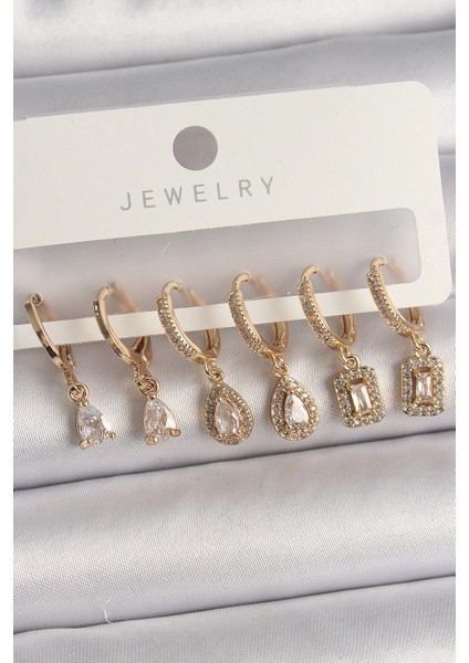 Bfs Pirinç Gold Renk Sallantı Zirkon Taşı Damla Model Kadın Küpe Seti