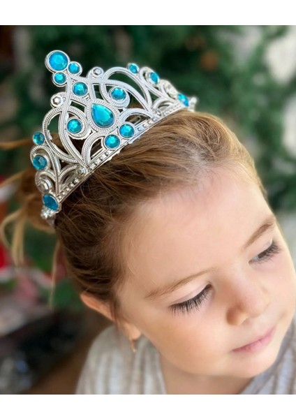 Mavi Taşlı Elsa Çocuk Tacı Prenses Tacı Kraliçe Tacı 16X14 cm (5324) fiyatları