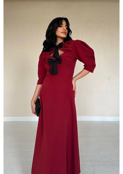 Bordo Ön Dekolteli Fiyonk Garnili Uzun Elbise modelleri
