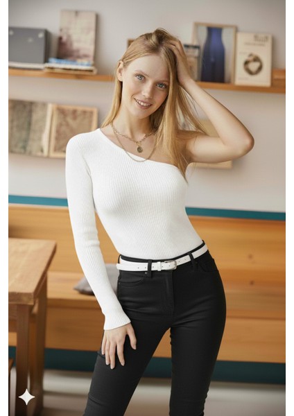 Kadın Beyaz Tek Omuz Kol Açık Üst Kalite Dokuma Uzun Kollu Fitilli Bluz Body modelleri