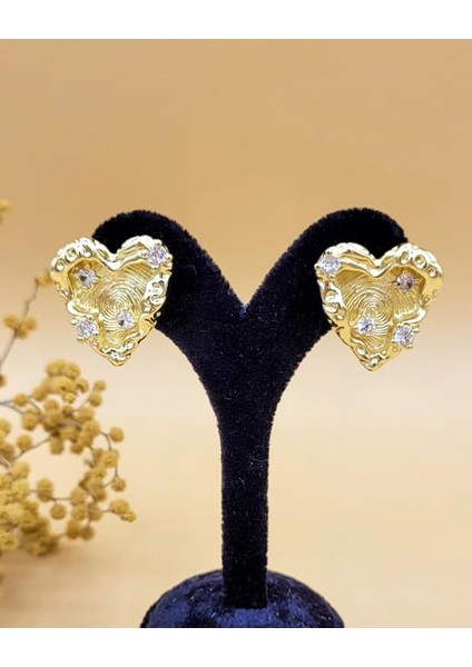 Zirkon Taşlı Kalp Dokulu Pirinç Küpe modelleri