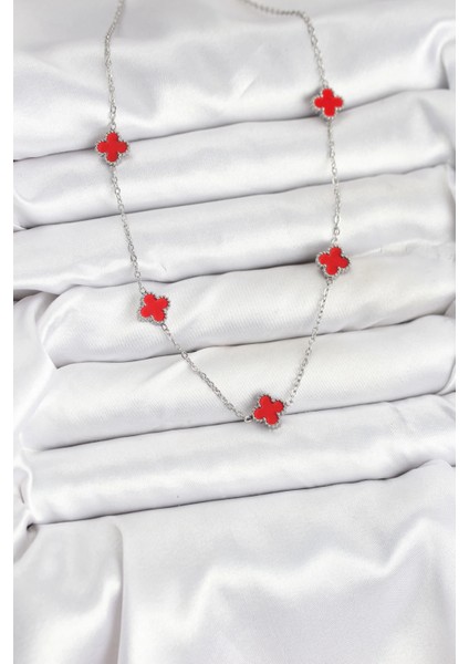 Bfs 316L Çelik Zincir Gümüş Renk Kırmızı Baby Boy Yonca Kadın Kolye fiyatları