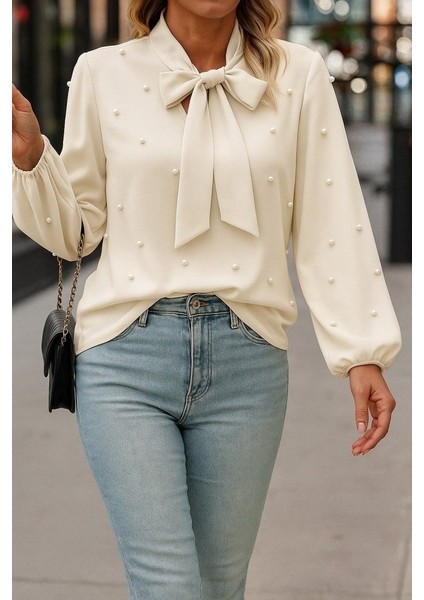 Kadın Uzun Kollu Yakadan Fiyonklu Incili Ithal Krep Bluz modelleri