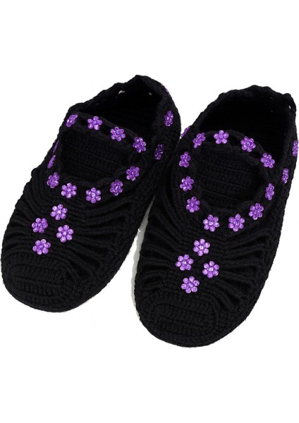 El Yapımı Siyah Mor Çiçekli Örgü Patik – Şık, Sıcak ve Konforlu Tasarım fiyatları