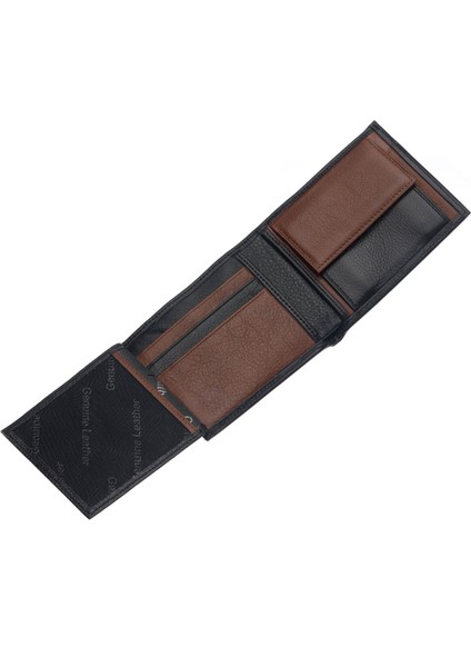 Hakiki Deri Bozuk Para ve Kart Bölmeli Erkek Cüzdanı - Siyah-Taba fırsatları