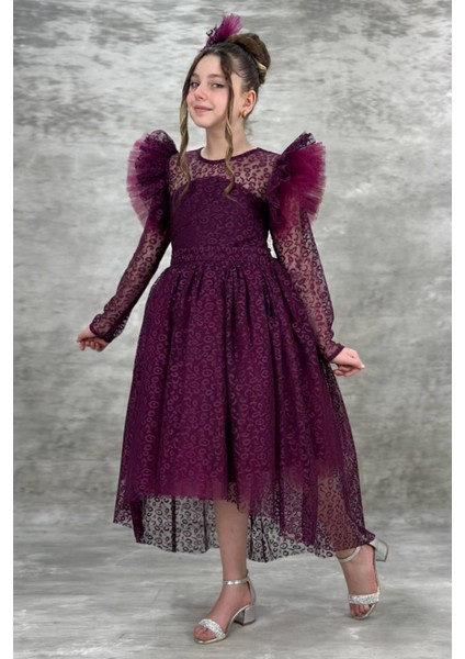 Kız Çocuk Mor Tül ve Dantel Detaylı Abiye Elbise Özel Gün - Doğum Günü - Düğün - 6-9 Yaş