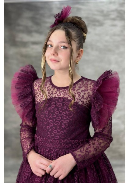 Kız Çocuk Mor Tül ve Dantel Detaylı Abiye Elbise Özel Gün - Doğum Günü - Düğün - 6-9 Yaş modelleri